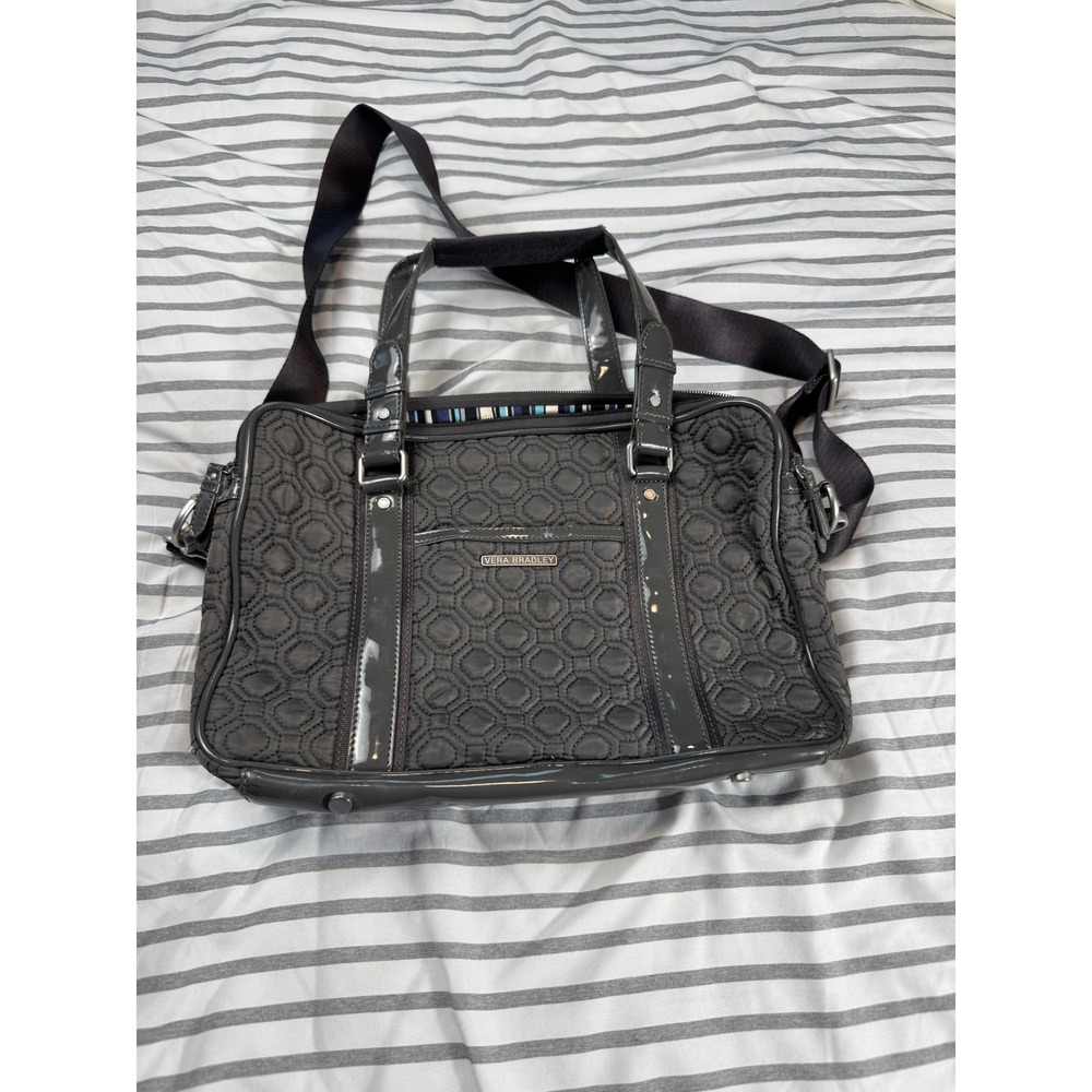 Vera Bradley Gray Quilted Laptop Bag Patent Trim Crossbody Work Briefcase Travel